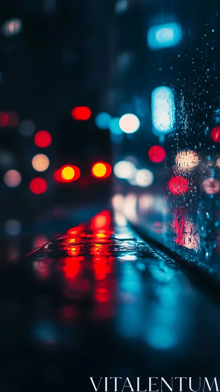 Rainy city lights blur into neon reflections at night