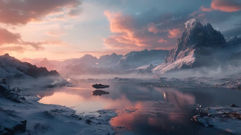 Soft sunrise over a tranquil icy mountain lake at dawn.