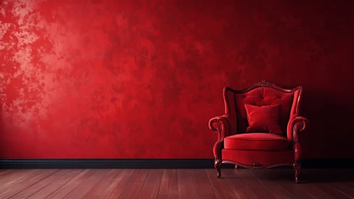 Red velvet armchair rests against textured crimson wall