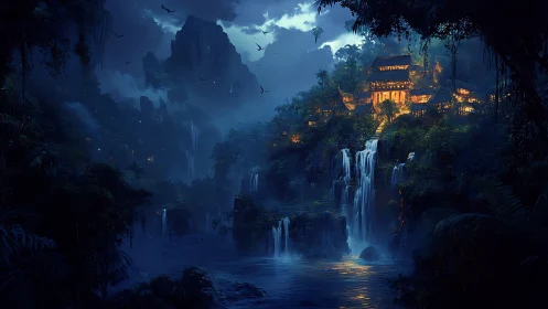 Hidden jungle temple glows above moonlit cascading waterfalls.