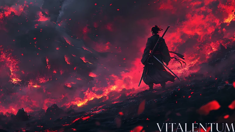Lone samurai confronts a burning volcanic battlefield at dusk