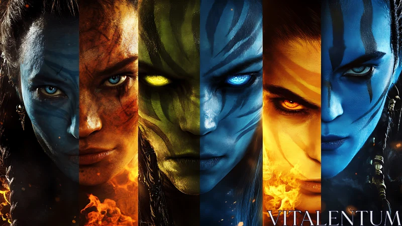 Elemental fantasy portrait strip with five divided faces.