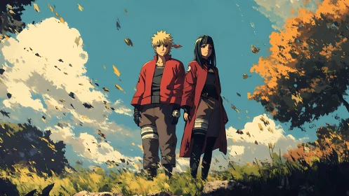Two anime figures in red coats in a windy autumn field.