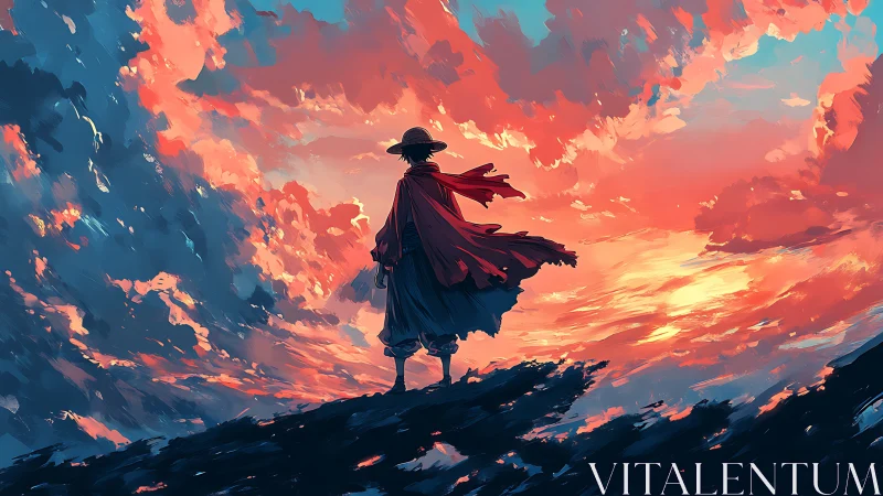 Backlit cloaked wanderer observes high-saturation sunset sky