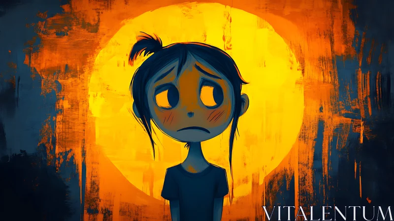 Digital painting of pensive child against textured halo backdrop.