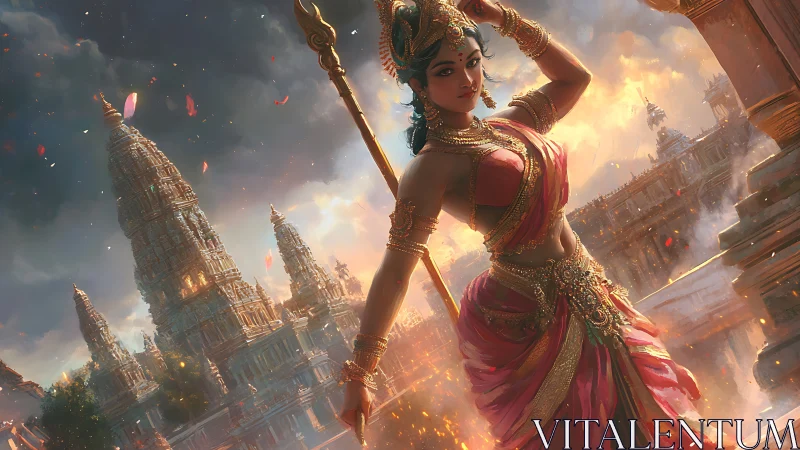 Warrior goddess stands amid burning temple skyline at dusk