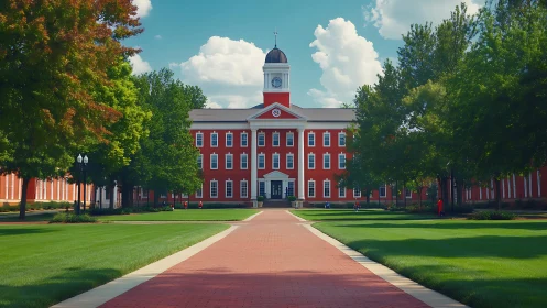 Red brick campus hall basks in calm light on a clear day