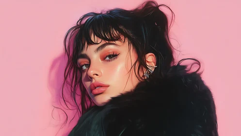 Digital portrait with glossy skin tones on pastel pink.