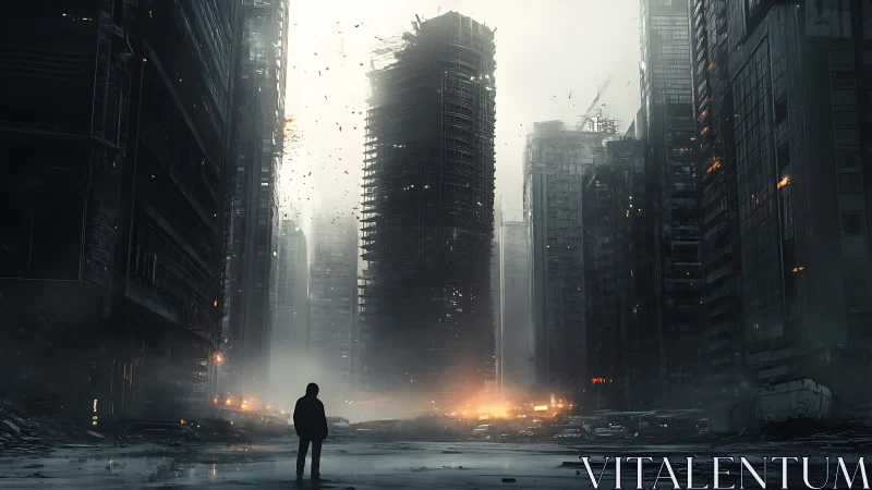 Lone figure in burning post apocalyptic megacity canyon.