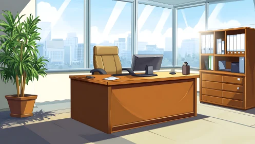Modern corner office with wooden desk and city skyline.