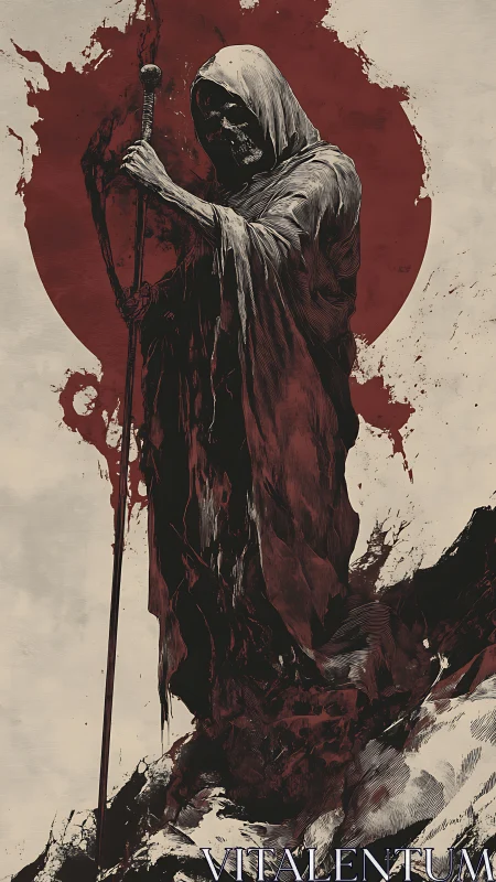 Crimson veiled reaper rising before a bleeding sun.