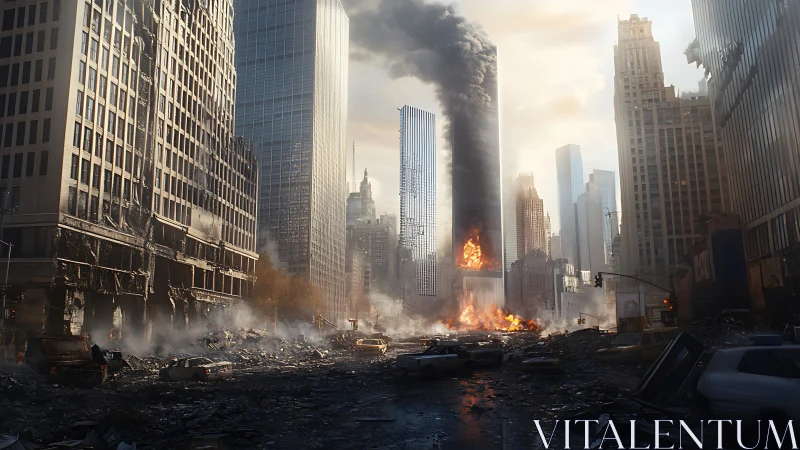 Burning skyscraper dominates post-apocalyptic urban corridor scene
