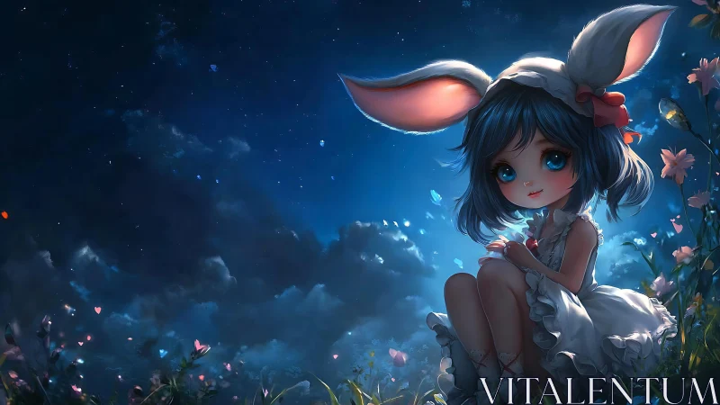 Child in bunny hat seated in moonlit meadow at night.