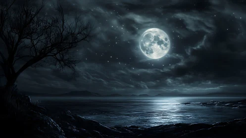 Digital moonlit seascape with silhouetted tree and clouds.