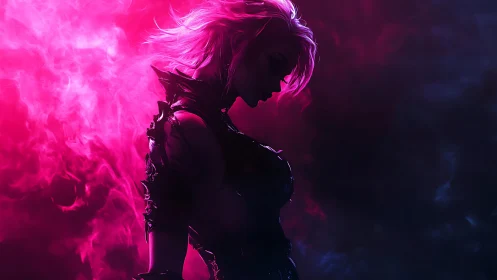 Neon mist crowns the brooding warrior queen in shadow