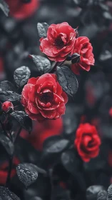 Red Roses with Desaturated Foliage in Dramatic Contrast.