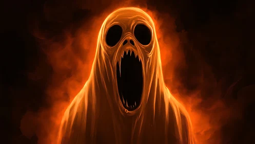Flaming spectral figure with gaping mouth dominates frame