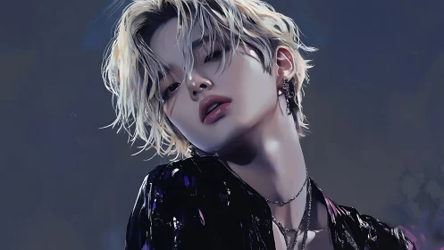 Chromatic portrait of androgynous youth in reflective lighting.