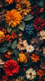 Floral composition with mixed dahlia and succulent species arranged densely against dark background