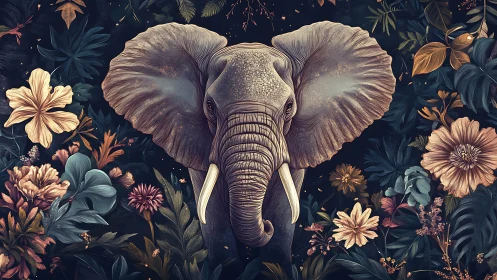 Gentle elephant surrounded by lush midnight jungle blooms.