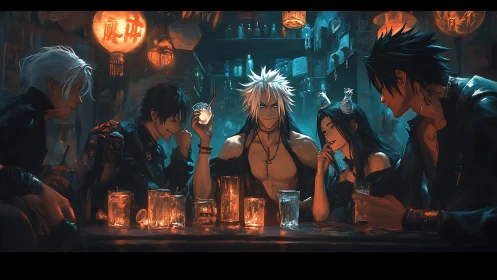 Neon-lit anime bar scene with stylish dark fantasy drinkers.