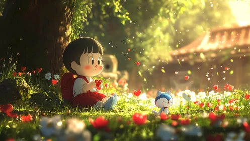 Child and blue creature in sunny flower meadow scene.
