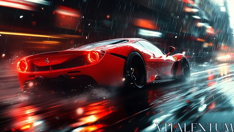 Red supercar racing through wet neon city streets at night.