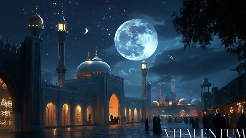 Moonlit mosque courtyard glows under deep blue night sky.