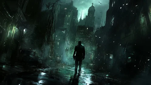 Lone figure stalks rain-soaked neon city street at night.