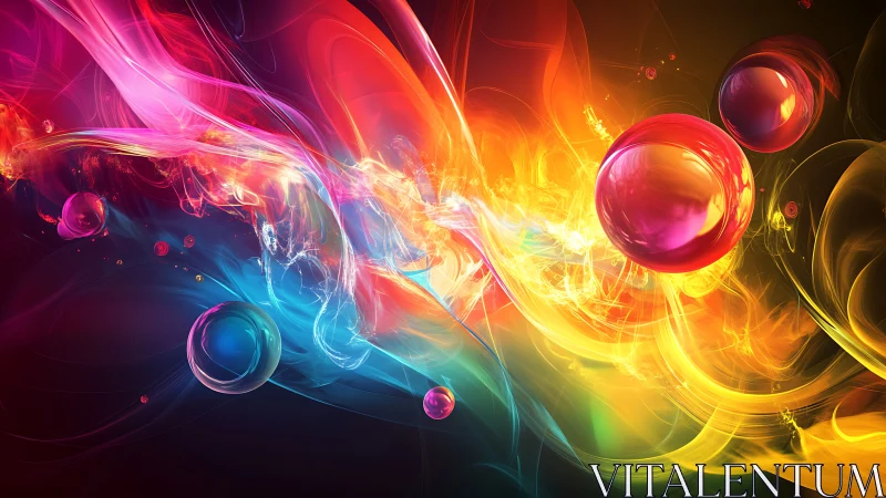 Prismatic energy ribbons with luminous glass orbs in motion.