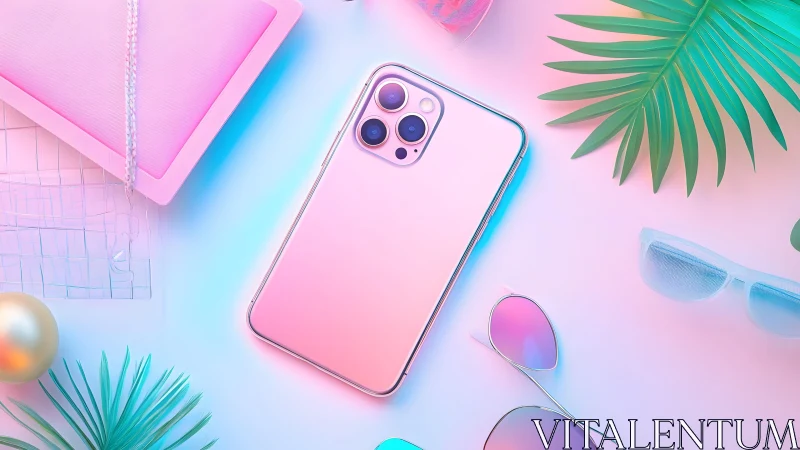 Modern pink smartphone with tropical summer accessories, pastel style.