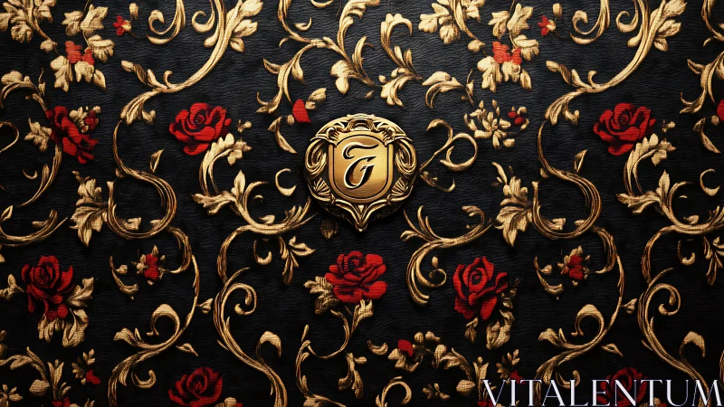 Golden monogram crest rests amid ornate rose tapestry.