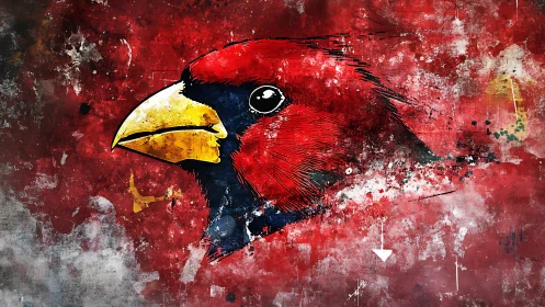 Red cardinal head bursts from distressed abstract backdrop