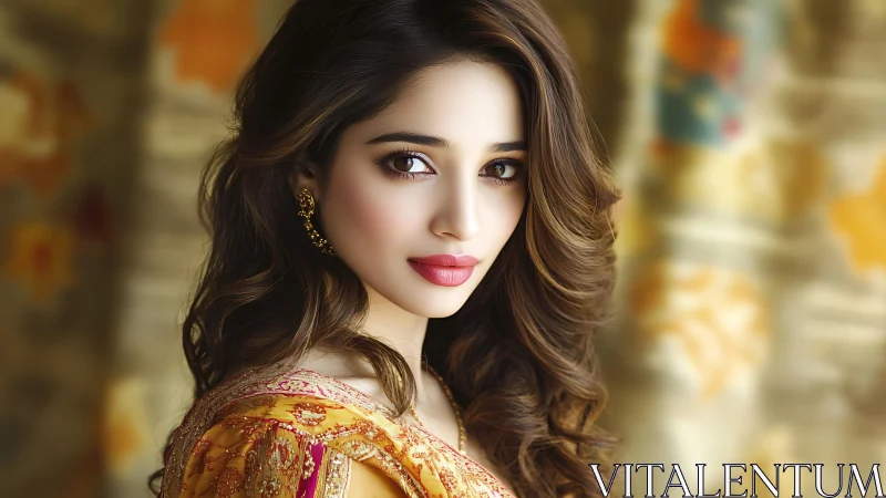 Elegant woman in golden ethnic attire gazes with serene warmth