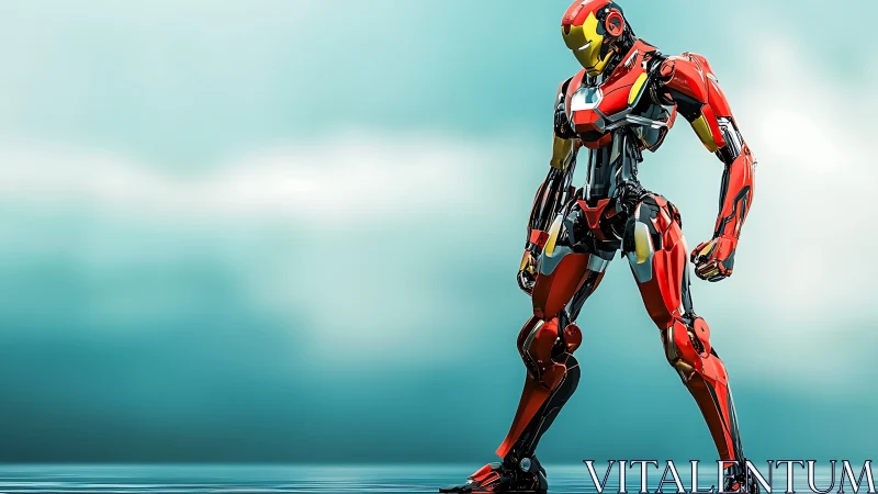 Humanoid red and gold combat robot in reflective stance.