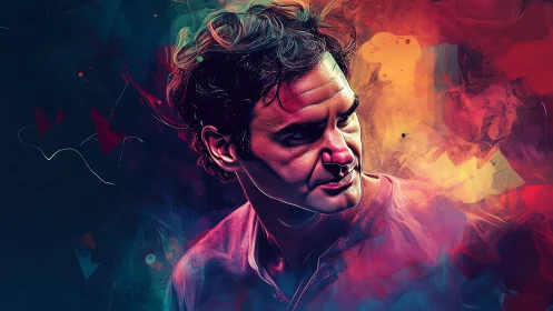 Brooding male portrait in swirling neon color clouds.