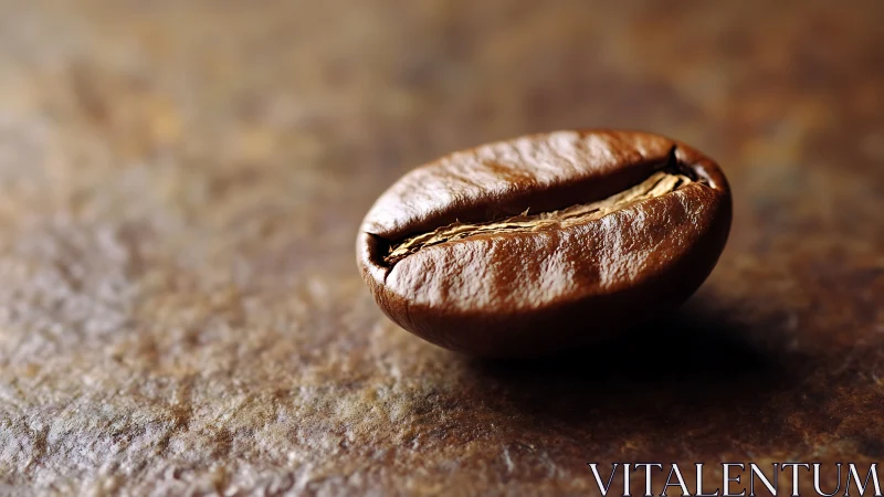 Single roasted coffee bean on rustic textured surface.