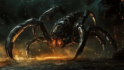 Armored mech-arachnid advances through molten debris field