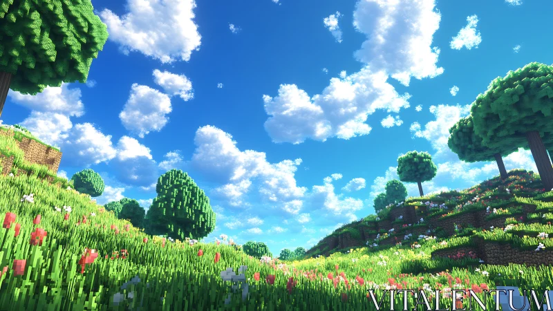 Voxel meadow landscape renders stylized spring terrain under clouds