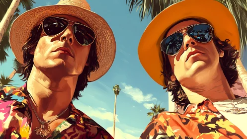 Two men in tropical shirts and hats under palm trees