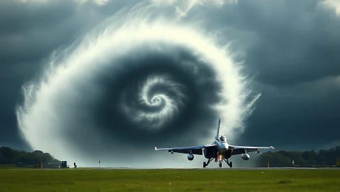 Jet fighter aligns with colossal spiral vortex in stormfront sky
