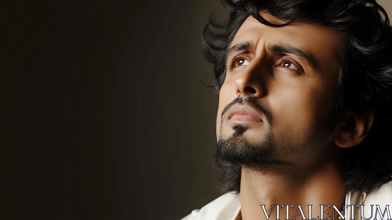 Thoughtful gaze carves quiet light into a shadowed sky