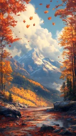 Golden autumn river drifts toward a calm snow capped peak