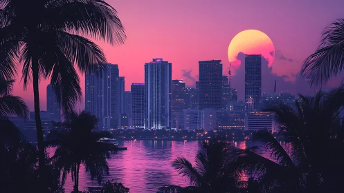 Neon dusk skyline over tropical bay with glowing sun orb.
