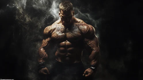 Low key muscular bodybuilder portrait in dramatic rim lighting