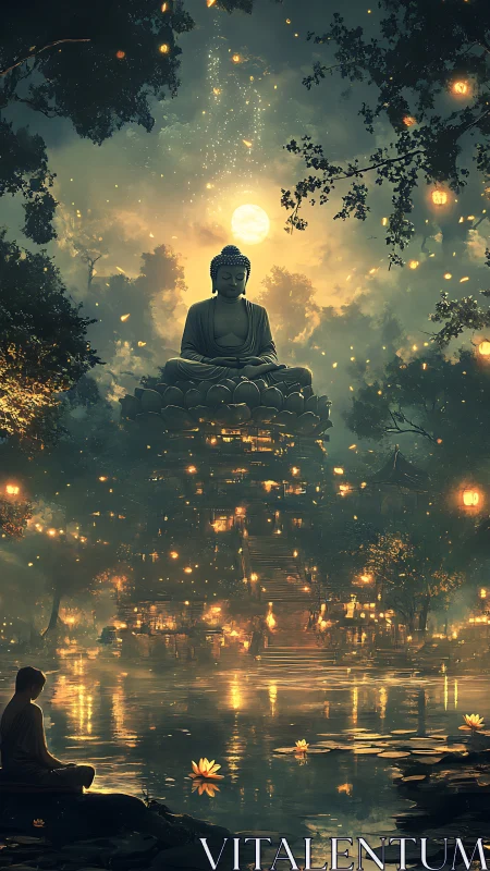 Moonlit Buddha floats above lantern lake in hush of night