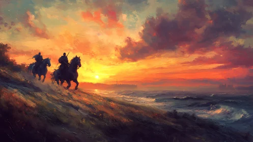 Riders on coastal bluff advance toward a turbulent sunset sea