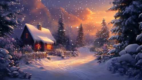 Snowy cabin glows warmly under a twilight winter sky