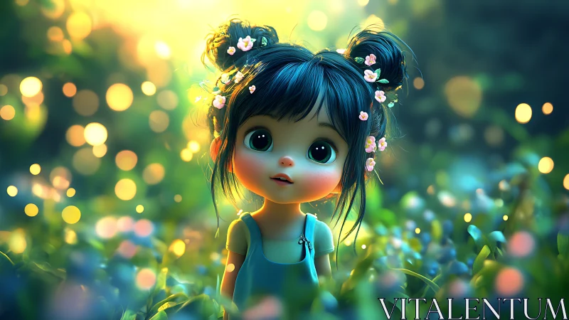 Glow-eyed forest child wandering through luminous petals.