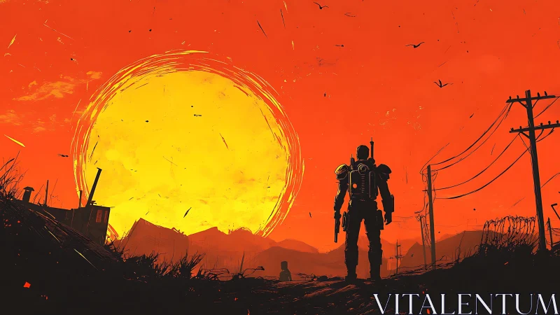 Armored figure in wasteland against oversized setting sun.